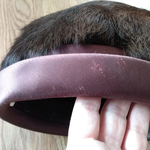 Vintage Fur Hat with Satin Band, Faux Pearl Accent and Union Label - Picture 5 of 15